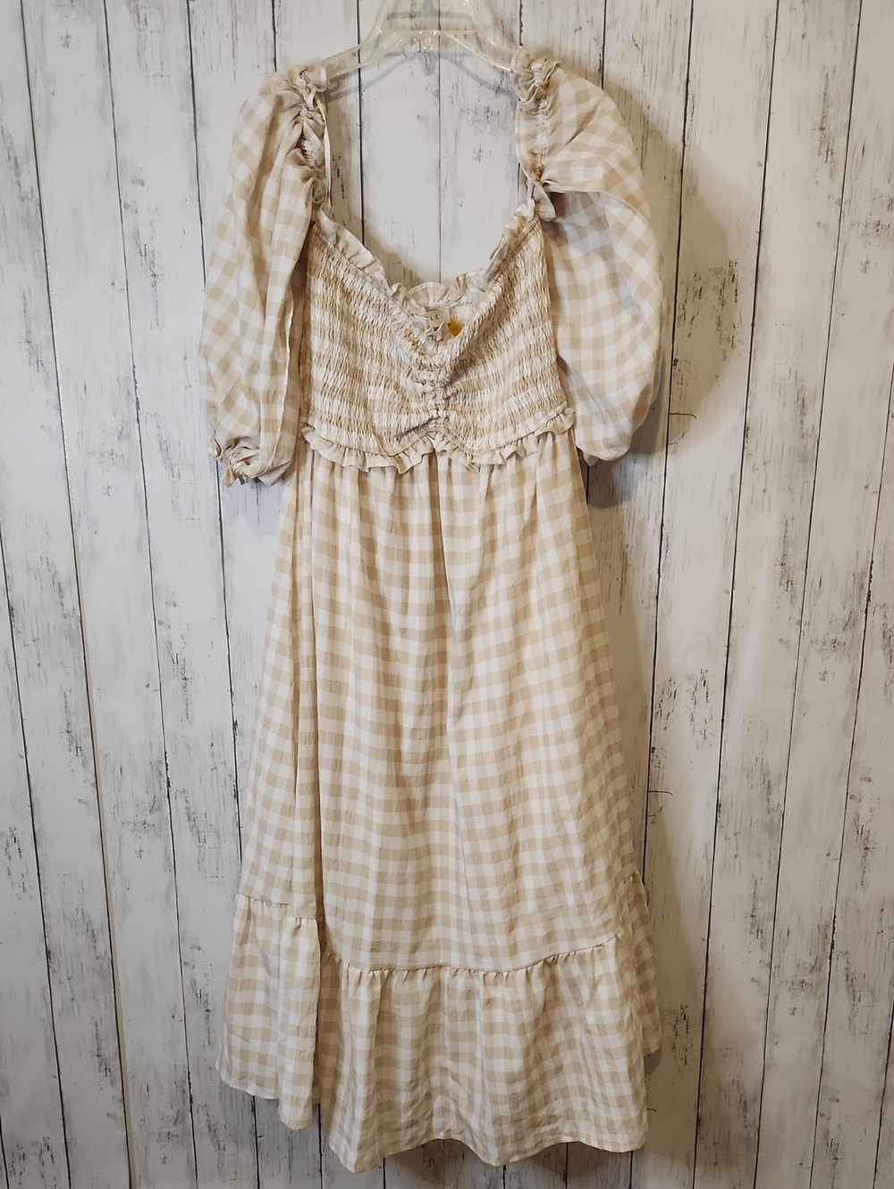 Beige Gingham Midi Dress with Puff Sleeves - Women's